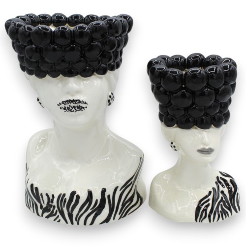 Bust of a Woman, Caltagirone ceramic, Two Sizes (1pc) with Crown of Black Lemons and Zebra decoration - 