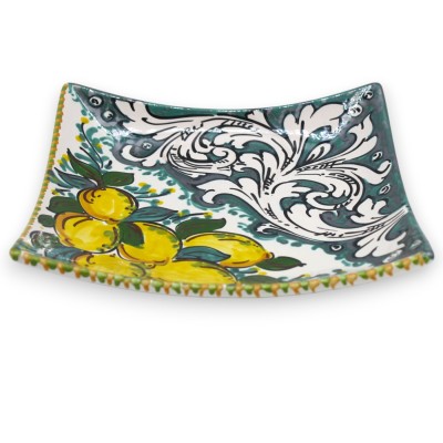 Caltagirone Bolsillo de Cerámica Vacío, 2 Opciones de Tamaño (1ud) Decoración Barroca Blanca y Limones sobre Fondo Verde