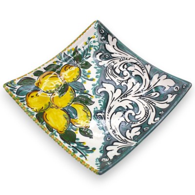 Caltagirone Keramik-Taschenleerer, 2 Größenoptionen (1 Stück), weiße Barockdekoration und Zitronen auf grünem Hintergrun