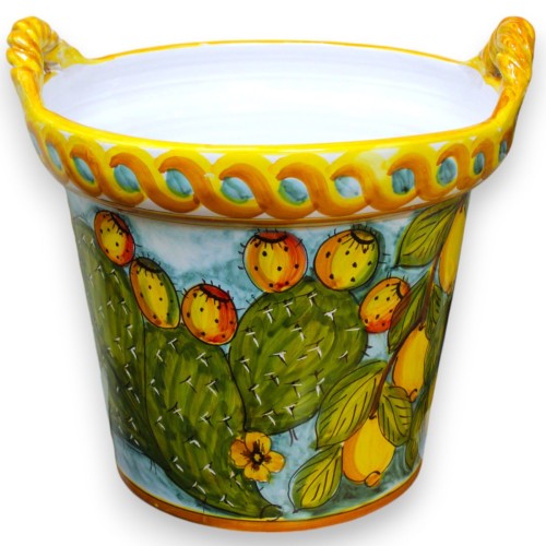 Vaso Cesta manici Corda, pregiata ceramica siciliana, h 35 x Ø 38 cm ca. decoro limoni e ficodindia, fondo verde - 