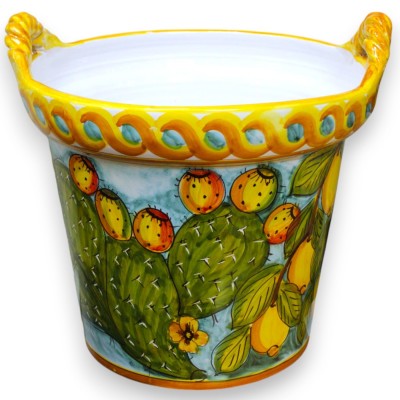Vase Cesta avec anses Corda, en céramique fine sicilienne, h 35 et Ø 38 cm environ. décoration citron et figue de Barbar