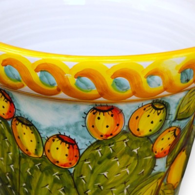 Jarrón Cesta con asas Corda, de fina cerámica siciliana, h 35 y Ø 38 cm aprox. decoración de limón y tuna - 