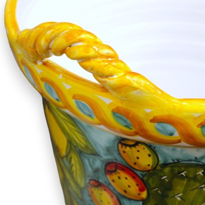 Cesta-Vase mit Corda-Griffen, aus feiner sizilianischer Keramik, H 35 und Ø 38 cm ca. Zitronen- und Feigenkaktusdekorati