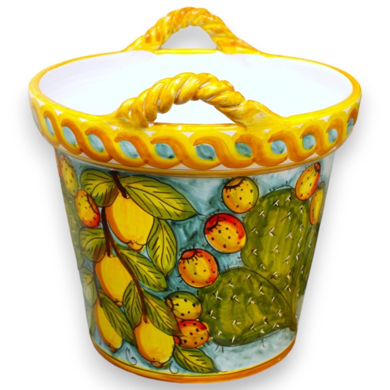 Vase Cesta avec anses Corda, en céramique fine sicilienne, h 35 et Ø 38 cm environ. décoration citron et figue de Barbar
