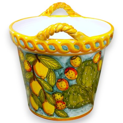 Vase Cesta avec anses Corda, en céramique fine sicilienne, h 35 et Ø 38 cm environ. décoration citron et figue de Barbar