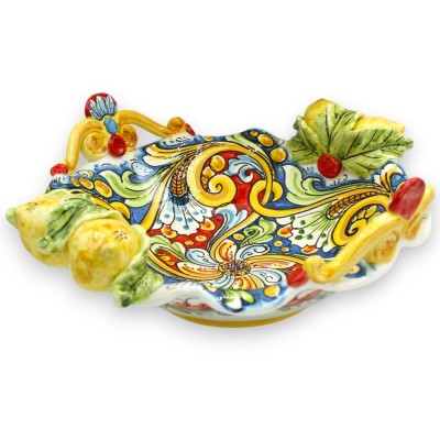 Caltagirone ceramic centerpiece, Ø 38 and h 16 cm approx. Baroque decoration, Flower and Lemon applications - 