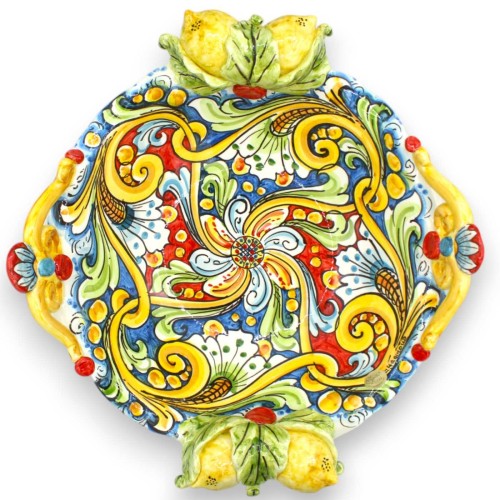 Caltagirone ceramic centerpiece, Ø 38 and h 16 cm approx. Baroque decoration, Flower and Lemon applications -  2