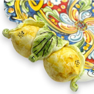 Caltagirone ceramic centerpiece, Ø 38 and h 16 cm approx. Baroque decoration, Flower and Lemon applications - 
