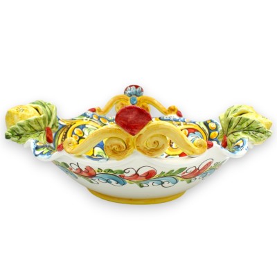Caltagirone ceramic centerpiece, Ø 38 and h 16 cm approx. Baroque decoration, Flower and Lemon applications - 