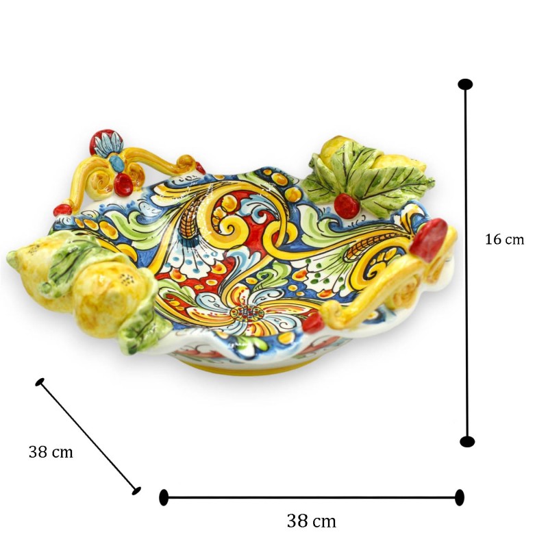 Caltagirone ceramic centerpiece, Ø 38 and h 16 cm approx. Baroque decoration, Flower and Lemon applications - 