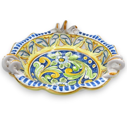 Centrotavola smerlato e traforato, ceramica Caltagirone, manico serpentina, 2 misure (1Unità) decoro barocco e fiori - 