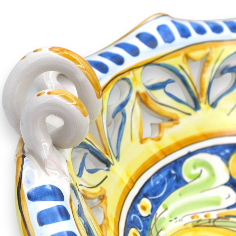 Centre de table festonné et ajouré, céramique de Caltagirone, anse serpentine, 2 tailles (1pc) décor baroque et fleurs -