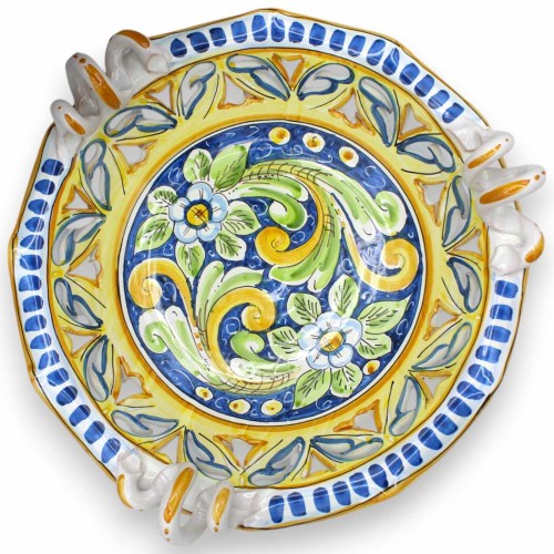 Centrotavola smerlato e traforato, ceramica Caltagirone, manico serpentina, 2 misure (1Unità) decoro barocco e fiori -  2