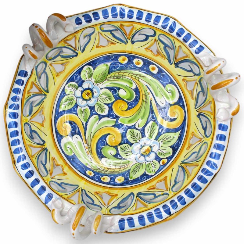 Centre de table festonné et ajouré, céramique de Caltagirone, anse serpentine, 2 tailles (1pc) décor baroque et fleurs -