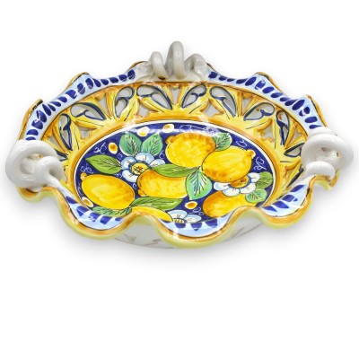 Centro de mesa festoneado y perforado, cerámica Caltagirone, mango serpentino, 2 tamaños (1ud) Decoración limones y flor