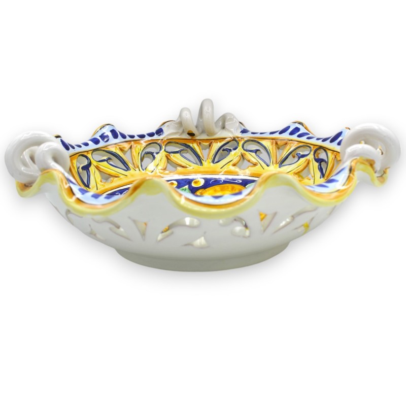 Centrotavola smerlato e traforato, ceramica Caltagirone, manico serpentina, 2 misure (1Unità) decoro Limoni e fiori - 