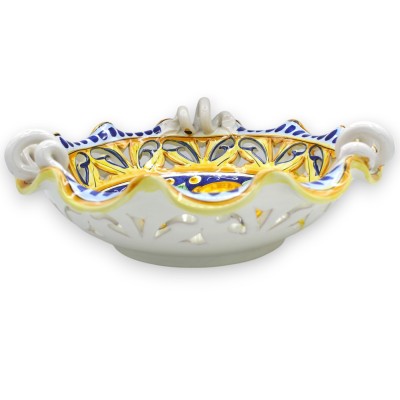 Centrotavola smerlato e traforato, ceramica Caltagirone, manico serpentina, 2 misure (1Unità) decoro Limoni e fiori - 