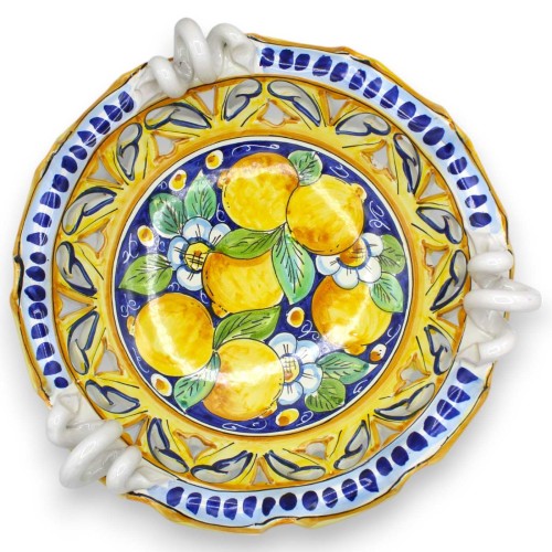 Centrotavola smerlato e traforato, ceramica Caltagirone, manico serpentina, 2 misure (1Unità) decoro Limoni e fiori -  2