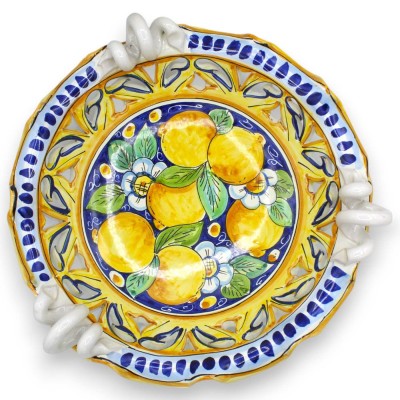 Centrotavola smerlato e traforato, ceramica Caltagirone, manico serpentina, 2 misure (1Unità) decoro Limoni e fiori - 