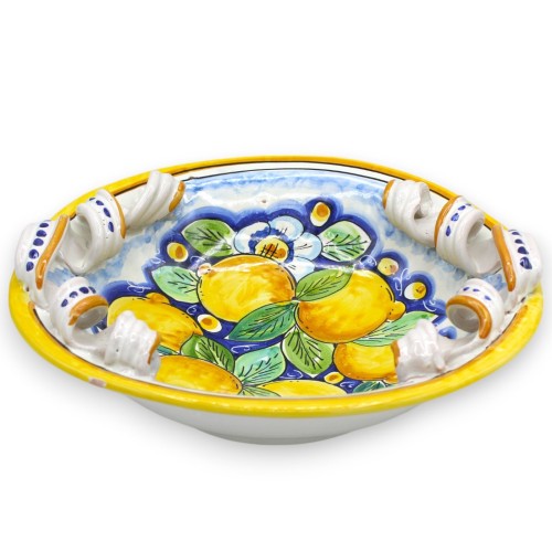 Centro de mesa con mangos Torchon en cerámica de Caltagirone, 2 tamaños (1ud) Decoración de limones y flores sobre fondo