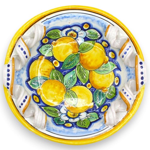 Centro de mesa con mangos Torchon en cerámica de Caltagirone, 2 tamaños (1ud) Decoración de limones y flores sobre fondo 2