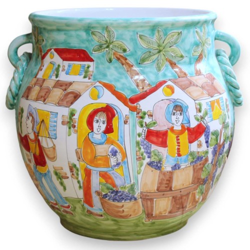 Sicilian ceramic vase, h 40 x W 45, Rope handles, decorated with scenes of Sicilian life - 