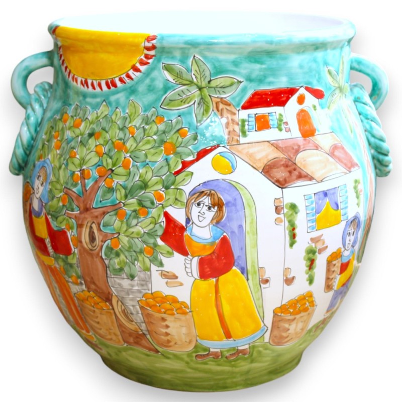 Sycylijski wazon ceramiczny, wys. 40 x dł. 45, uchwyty ze sznurka, ozdobiony scenami z życia Sycylii - 