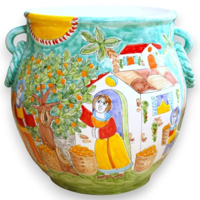 Sicilian ceramic vase, h 40 x W 45, Rope handles, decorated with scenes of Sicilian life - 