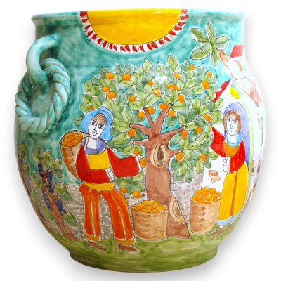Vase sicilien en céramique, h 40 x L 45, anses en corde, décoré de scènes de la vie sicilienne - 