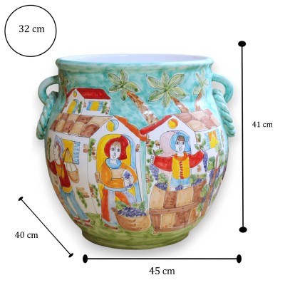 Sicilian ceramic vase, h 40 x W 45, Rope handles, decorated with scenes of Sicilian life - 