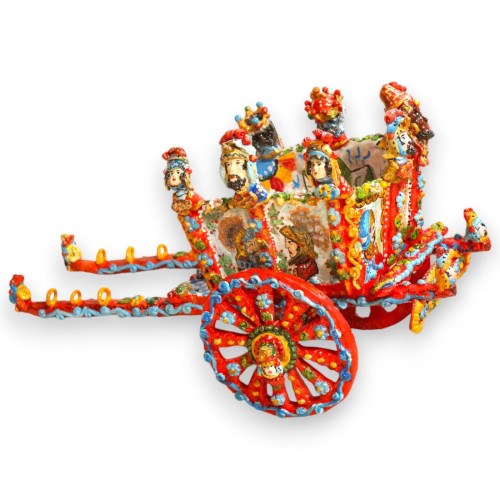 Chariot sicilien, en céramique fine sicilienne, roues mobiles - L 50 x 30 cm environ. Riche en applications - 