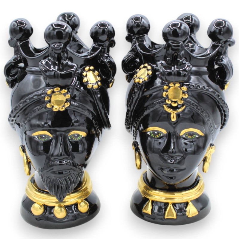 Siciliaanse Moorkoppen (paar) h ca. 22 cm Caltagirone, zwart email en 24-karaats puur gouden applicaties - 