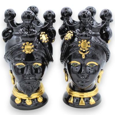 Teste di Moro Siciliane (coppia) h 22 cm ca. Caltagirone, Smalto Nero e Applicazioni in oro zecchino 24k - 