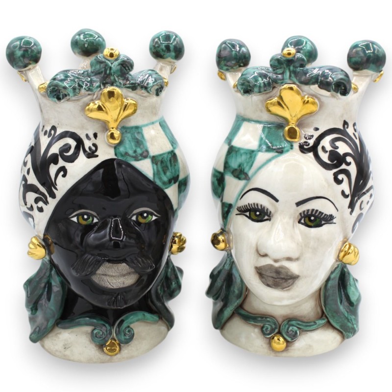Teste di Moro Siciliane (coppia) h 22 cm ca. Caltagirone, Verde e Nero, Applicazioni in oro zecchino 24k - 