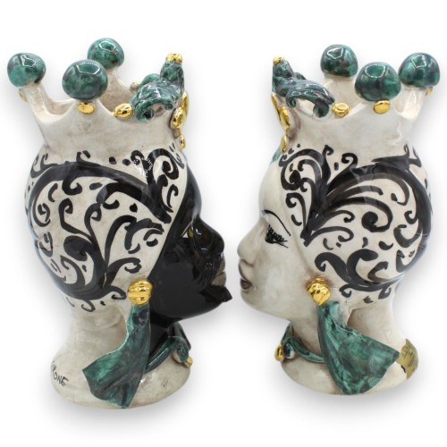 Sicilian Moorish Heads (pair) h 22 cm approx. Caltagirone, Green and Black, 24k pure gold applications -  2