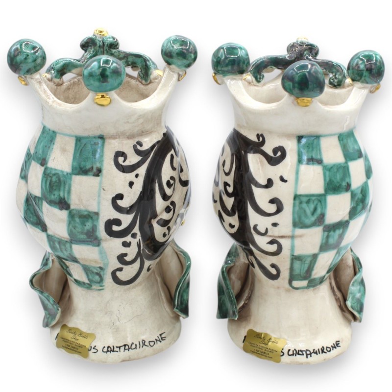 Teste di Moro Siciliane (coppia) h 22 cm ca. Caltagirone, Verde e Nero, Applicazioni in oro zecchino 24k - 