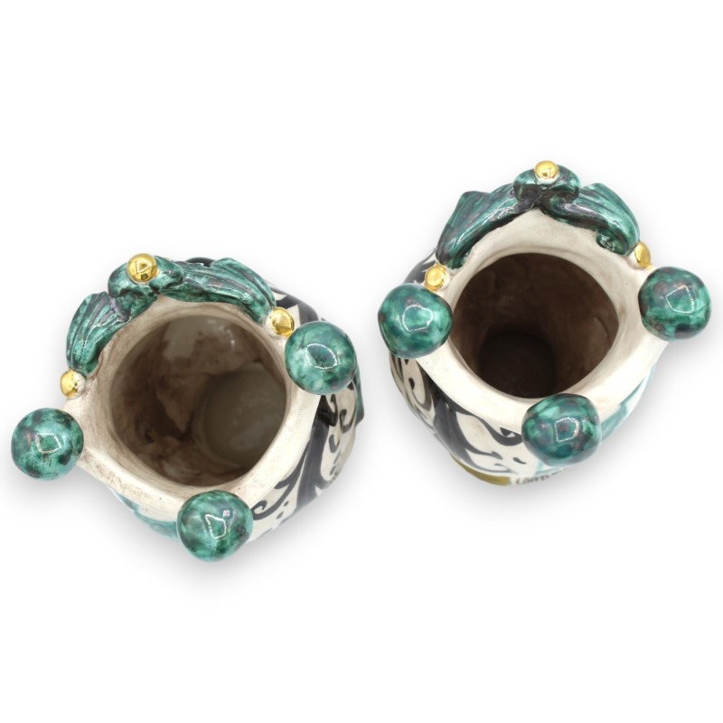 Teste di Moro Siciliane (coppia) h 22 cm ca. Caltagirone, Verde e Nero, Applicazioni in oro zecchino 24k - 