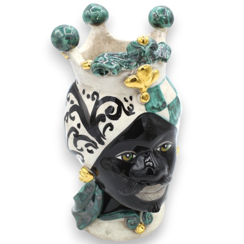 Teste di Moro Siciliane (coppia) h 22 cm ca. Caltagirone, Verde e Nero, Applicazioni in oro zecchino 24k - 