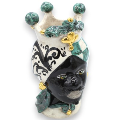 Teste di Moro Siciliane (coppia) h 22 cm ca. Caltagirone, Verde e Nero, Applicazioni in oro zecchino 24k - 
