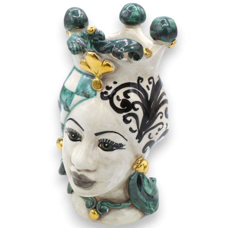 Teste di Moro Siciliane (coppia) h 22 cm ca. Caltagirone, Verde e Nero, Applicazioni in oro zecchino 24k - 