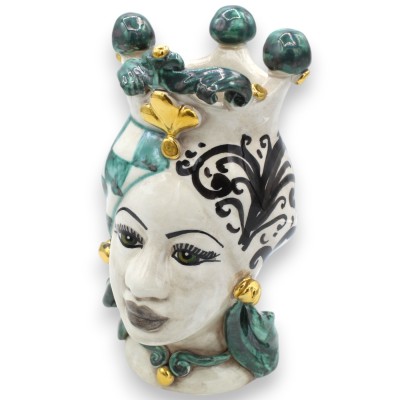 Teste di Moro Siciliane (coppia) h 22 cm ca. Caltagirone, Verde e Nero, Applicazioni in oro zecchino 24k - 