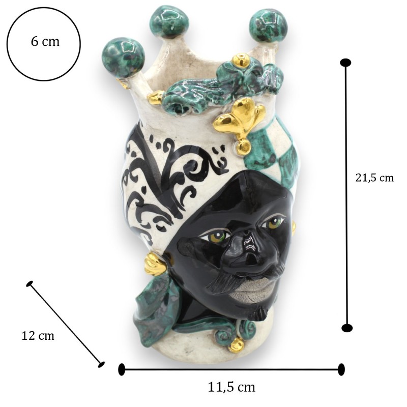 Teste di Moro Siciliane (coppia) h 22 cm ca. Caltagirone, Verde e Nero, Applicazioni in oro zecchino 24k - 