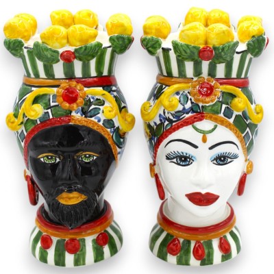 Sicilianska hedhuvuden (par) h ca 23 cm Caltagirone, Multi-dekoration och Crown Citroner - 