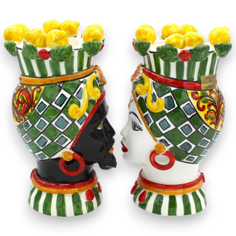 Sicilianska hedhuvuden (par) h ca 23 cm Caltagirone, Multi-dekoration och Crown Citroner - 