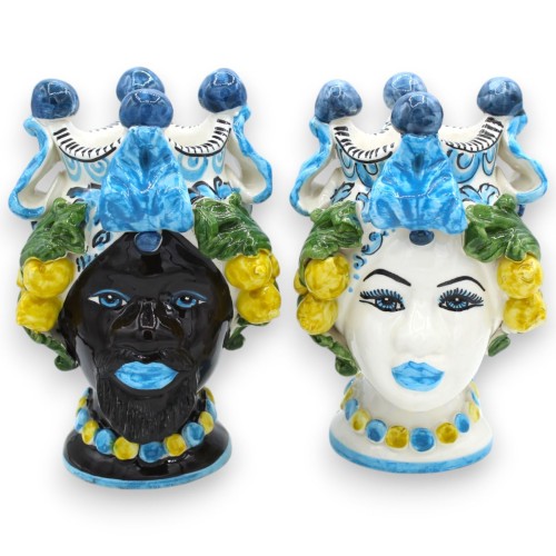 Têtes de lande sicilienne (paire) h environ 20 cm. Caltagirone, décoration baroque et applications citron, Turquoise - 
