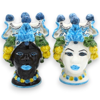 Sicilianska hedhuvuden (par) h ca 20 cm. Caltagirone, barockdekoration och citronapplikationer, turkos - 