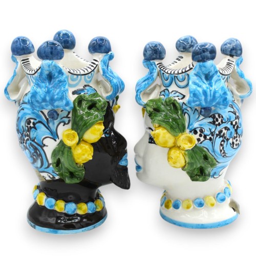 Sicilianska hedhuvuden (par) h ca 20 cm. Caltagirone, barockdekoration och citronapplikationer, turkos -  2