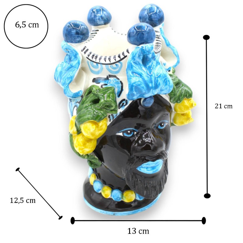 Têtes de lande sicilienne (paire) h environ 20 cm. Caltagirone, décoration baroque et applications citron, Turquoise - 