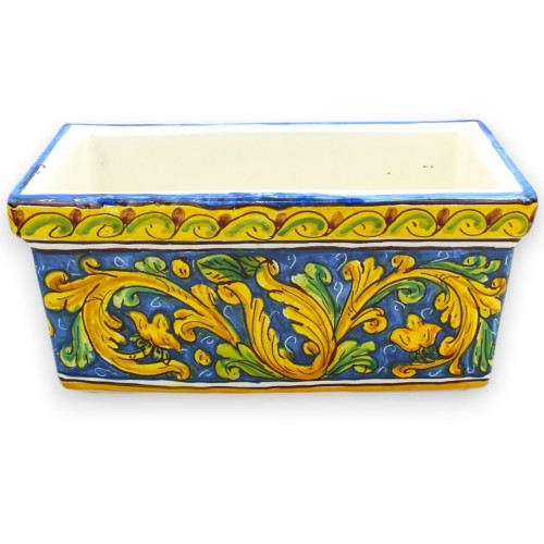 Caixa vaso retangular em cerâmica Caltagirone, 5 opções de tamanho (1 peça) decoração barroca, folhas e fundo azul - 