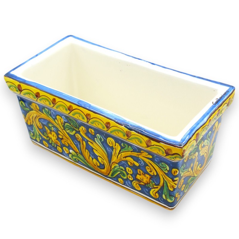 Jarrón rectangular en cerámica de Caltagirone, 5 opciones de tamaño (1ud) decoración barroca, hojas y fondo azul - 